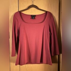 Adrienne Vittadini Cranberry Red Square Neck Knit Top 3/4 Sleeve EUC
